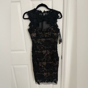 Betsy & Adam Black and Cream Bodycon Halter Midi Dress